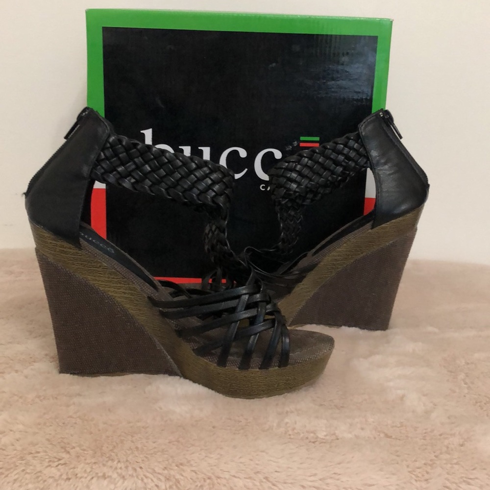 bucco Black Braided Wedge Sandals
